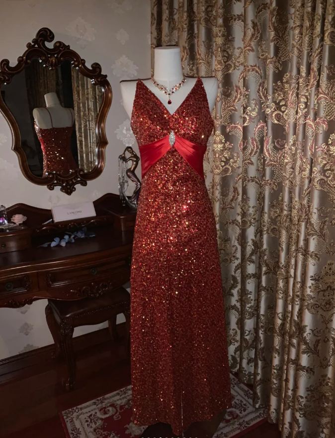 Vintage Red V Neck Sequin Beaded Mermaid Party Dress Long Evening Gown D1724