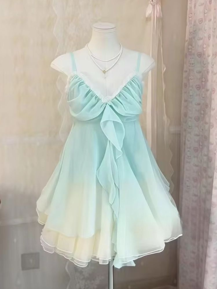 Classy Spaghetti Straps V Neck Blue Chiffon Short Homecoming Dress Birthday Dress D481
