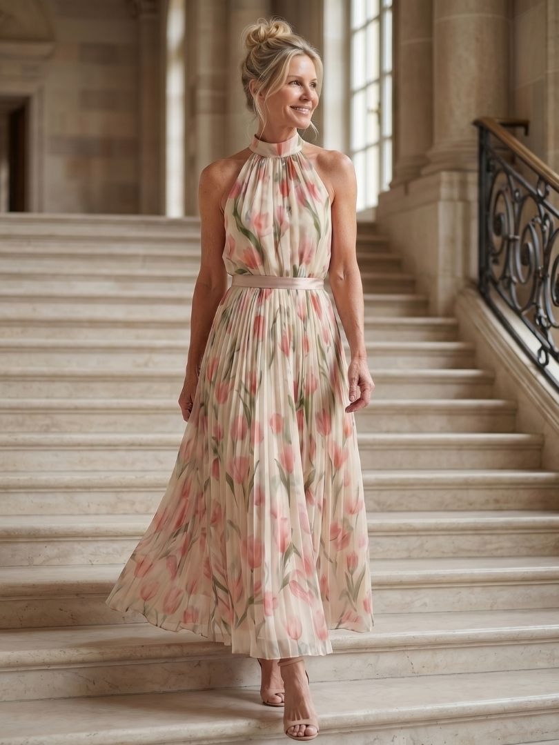 Floral Halter Neck Pleated Belted Maxi Dress 7