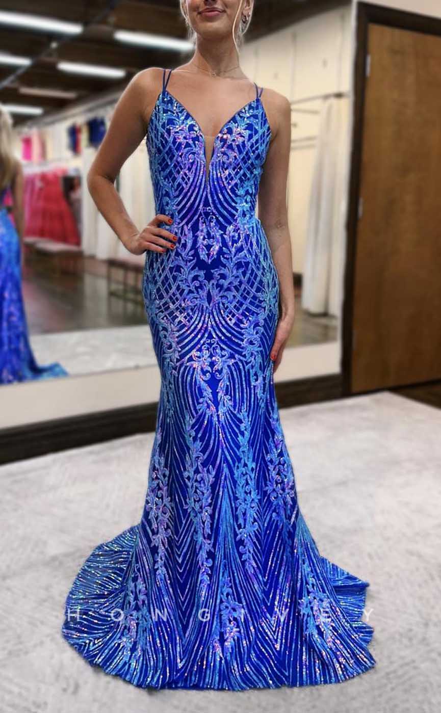L2889 - V-Neck Spaghetti Straps Sequined Appliques Party Prom Evening Dress - Fashionpara