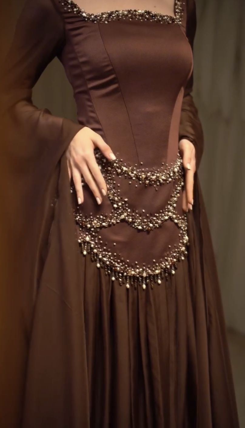 Vintage Square Neck Brown Satin Chiffon Beaded Mermaid Evening Dress Long Prom Gown D1072