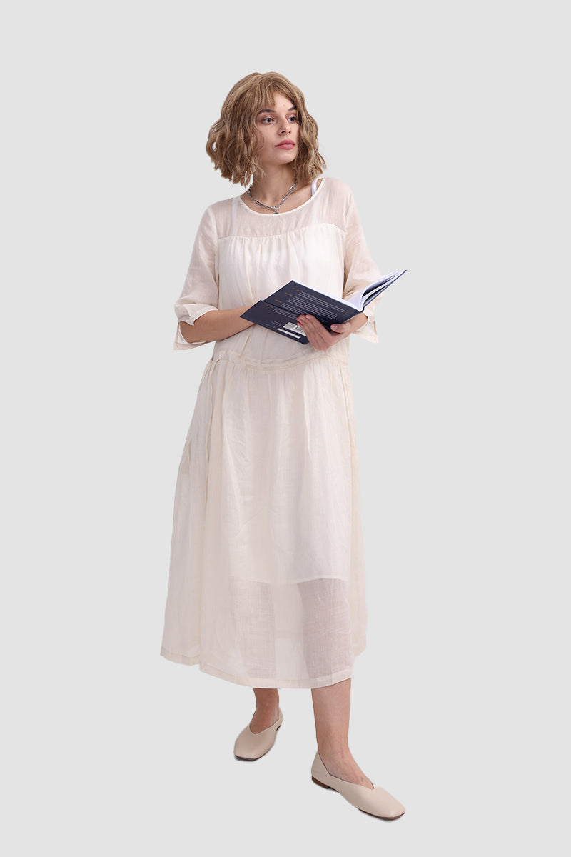 Organza Crew Neck Half Sleeve Tiered A-Line Midi Dress