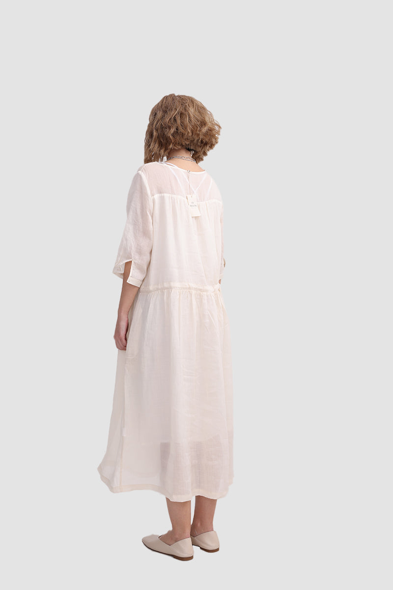 Organza Crew Neck Half Sleeve Tiered A-Line Midi Dress