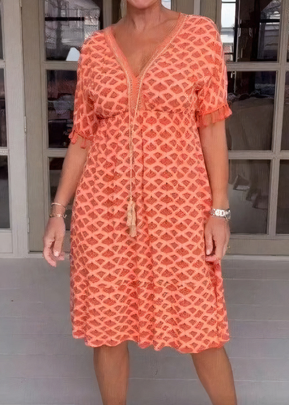 Deep V-Neck Diamond Lace Overlay Tassel Trim Short Sleeve Midi Dress