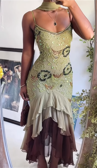 Classy Spaghetti Strap Sage Green Chiffon Beaded Mermaid Evening Dress Long Birthday Party Dress With Scarf D1452