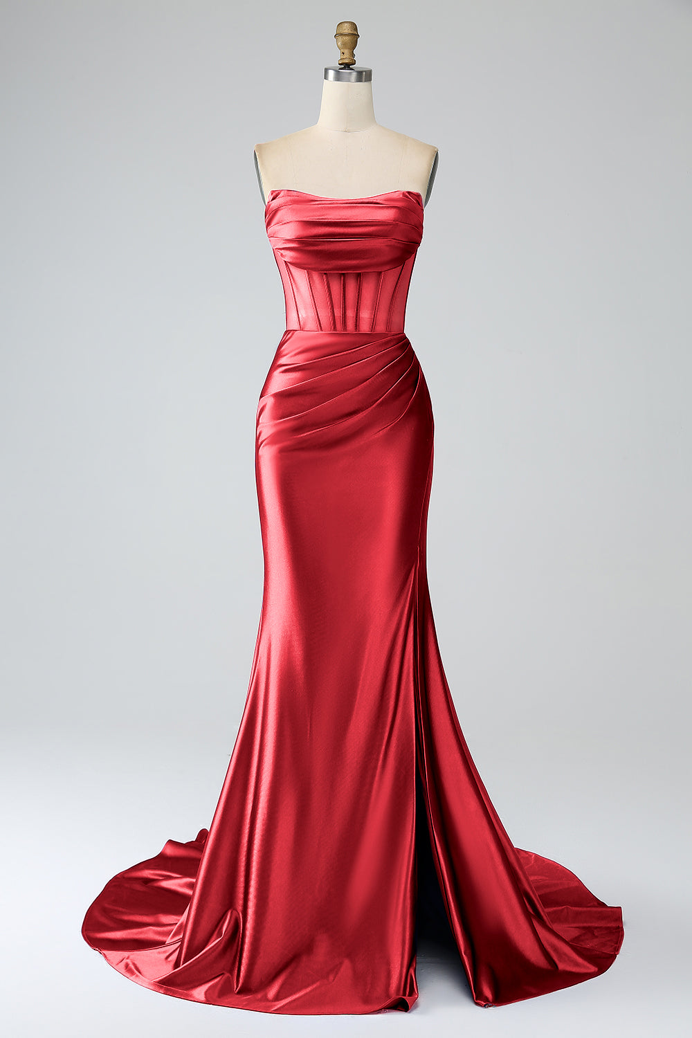 Royal Blue Mermaid Strapless Pleated Corset Long Prom Dress with Slit