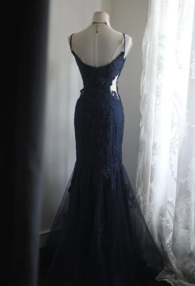 Elegant Spaghetti Straps Navy Blue Tulle Lace Appliques Mermaid Evening Dress Birthday Outfits D1268