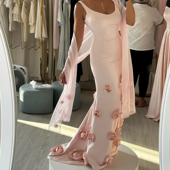 Pretty Pink Satin 3D Rose Flowers Mermaid Party Dress Long Evening Gown D1360