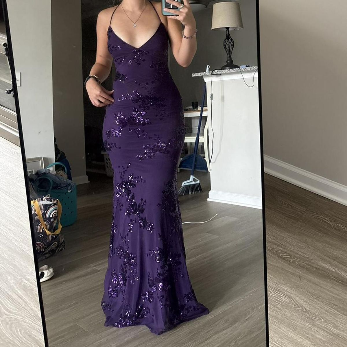 Sexy V Neck Purple Satin Sequin Backless Mermaid Evening Dress Long Party Dress D1214
