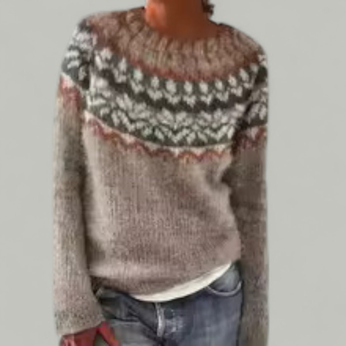 Crew Neck Long Sleeve Snowflake Fair Isle Sweater