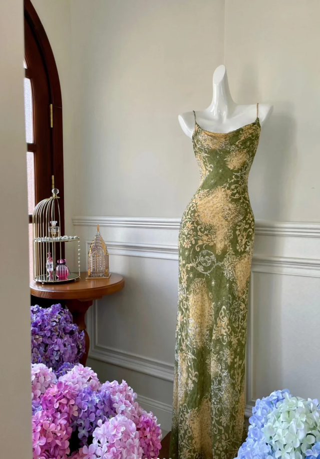 Vintage Spaghetti Straps Green Chiffon Print Floral Beaded Mermaid Evening Dress Long Party Dress D1266