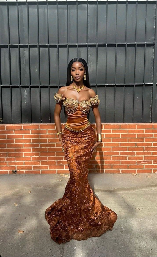 Vintage Burnt Orange Off The Shoulder Satin Beaded Mermaid Prom Dress Party Dress D1129