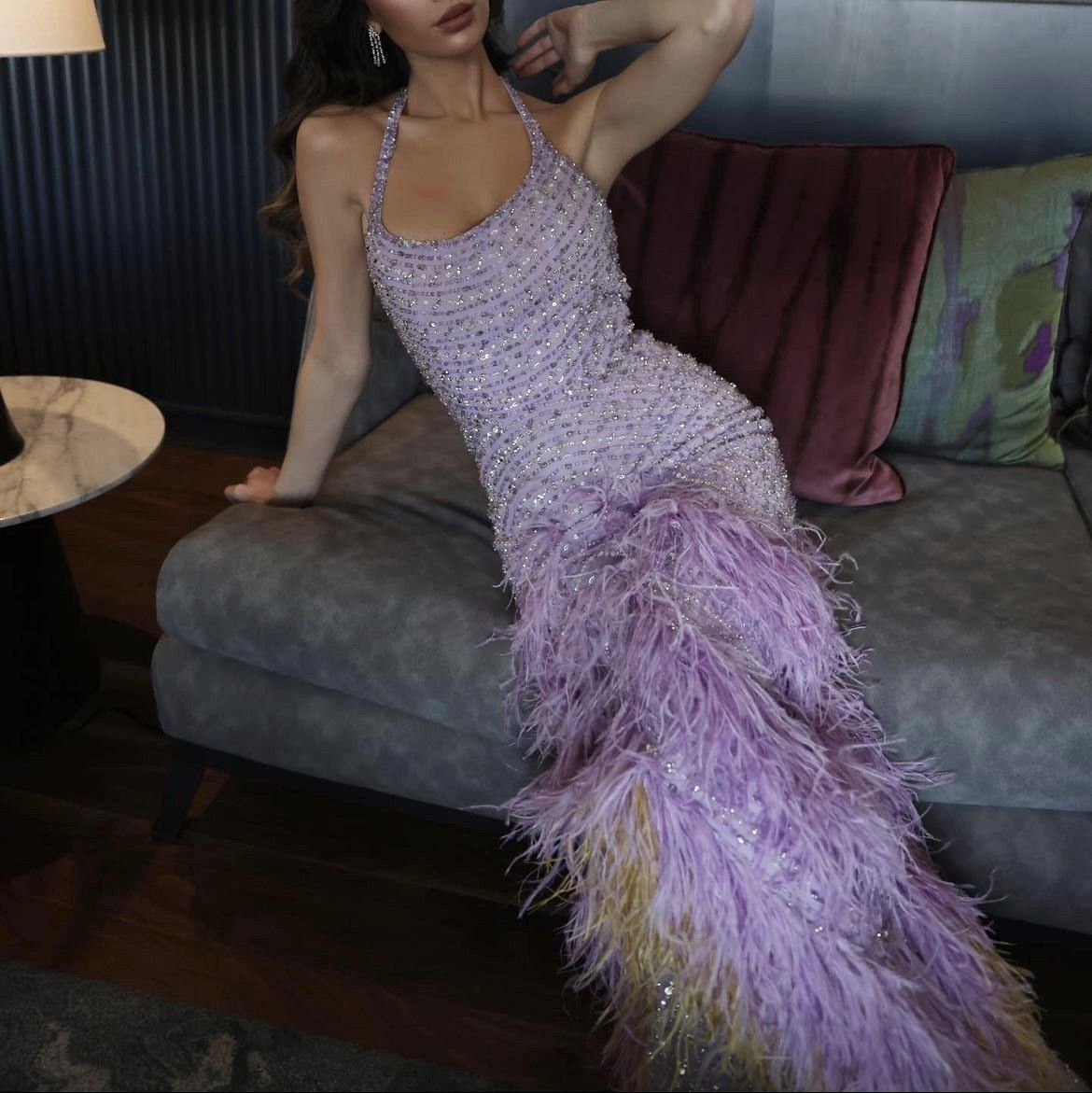 Glamorous Purple Halter Sequin Beaded Feathers Evening Dress Mermaid Long Party Gown D875