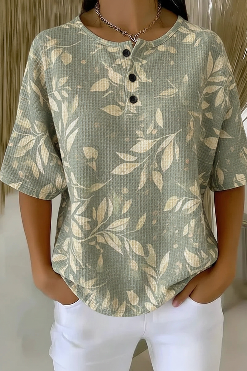 Leaf Print Waffle Knit Henley Button Short Sleeve Top
