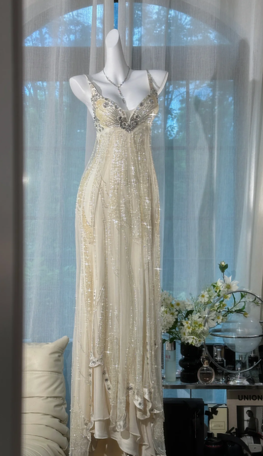 Elegant Apricot Chiffon Sequin Beaded Long Mermaid Evening Dress Party Gowns D942