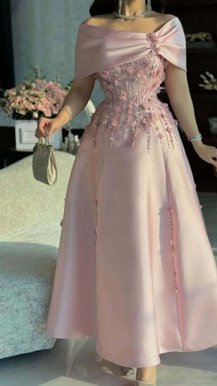 Elegant Pink Off The Shoulder Satin Beaded Appliques A Line Long Party Dress Birthday Prom Dress D1207