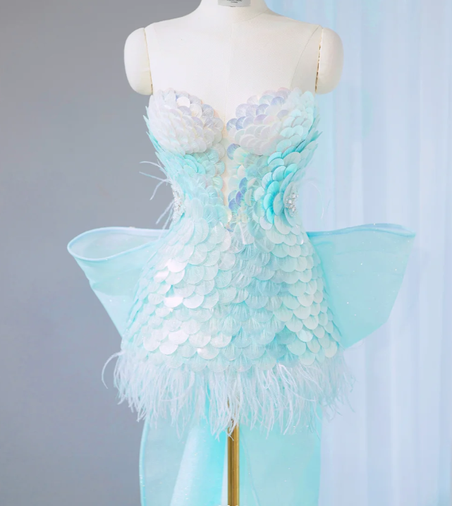 Charming Baby Blue Sequin Short Party Dress Birthday Dress With Bow S309