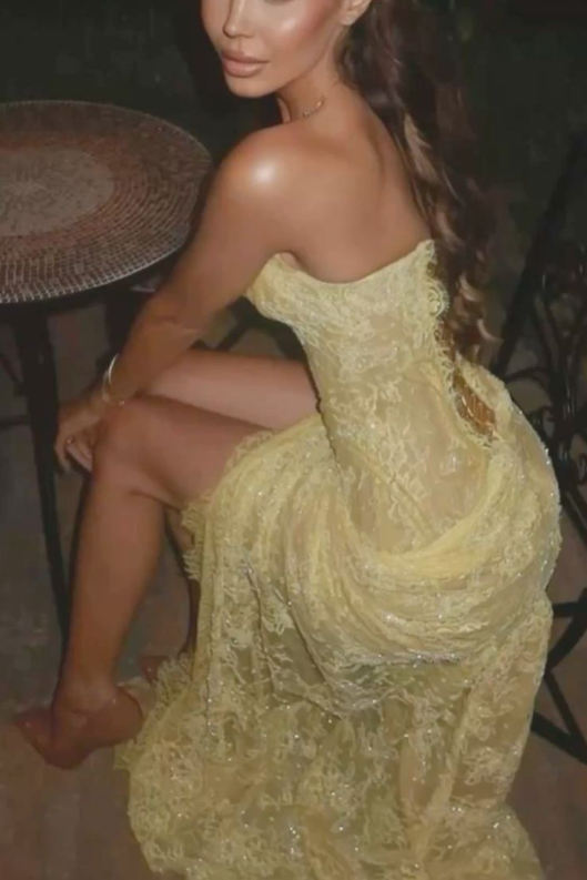 Gorgeous Strapless Yellow Lace Sequin High Slit Mermaid Long Prom Dress Evening Gown D1028