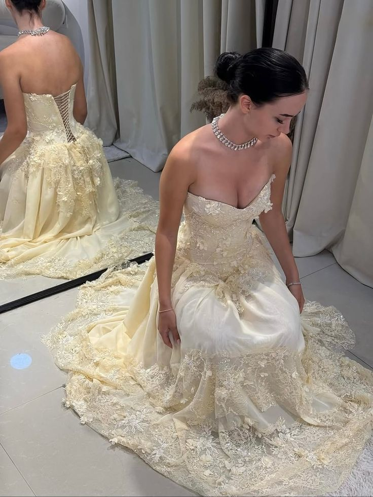 Elegant Yellow Sweetheart Neck Chiffon Lace Appliques Long Prom Dress Birthday Party Gown D1188