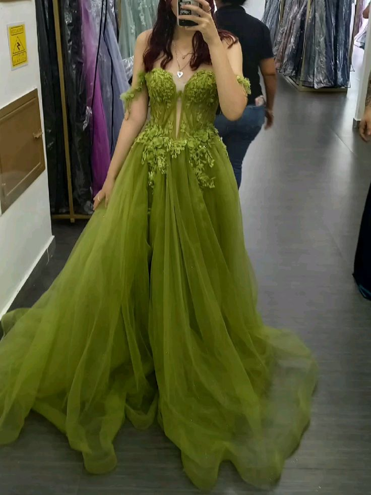 Elegant Off The Shoulder Green Tulle Appliques Long Party Dress Prom Gown D1232
