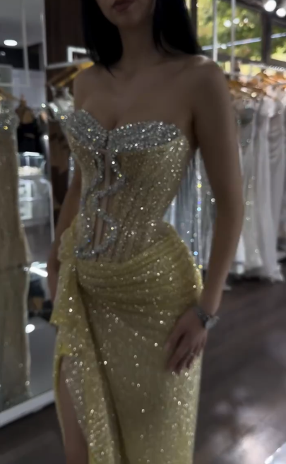 Glitter Strapless Yellow Sequin Beaded Mermaid Slit Evening Dress Formal Birthday Party Dress D1059