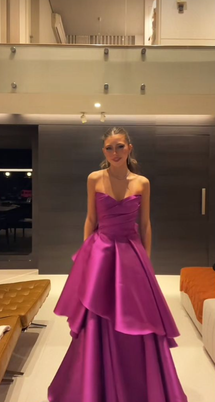 Elegant Strapless Hot Pink Satin Layered Long Evening Dress Formal Wedding Guest Dress D1582