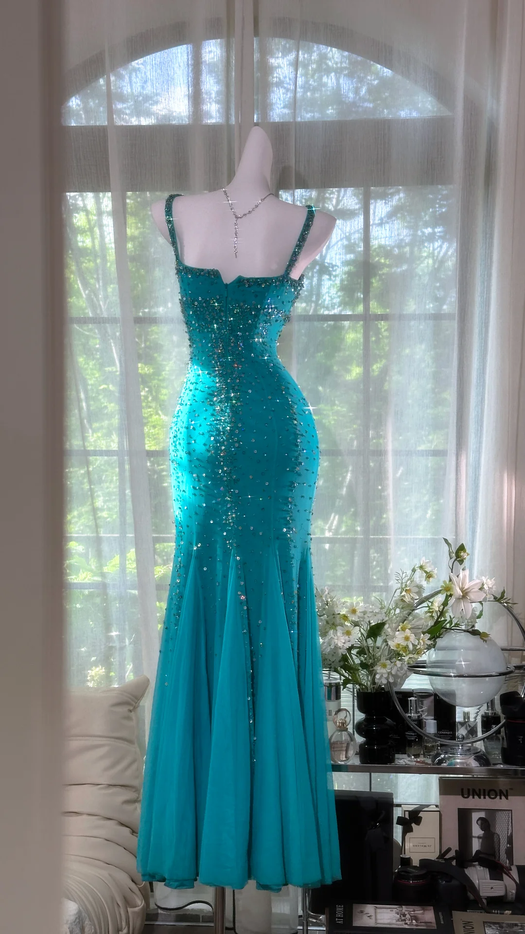 Sparkly Straps Blue Chiffon Beaded Mermaid Evening Dress Long Party Gown D862