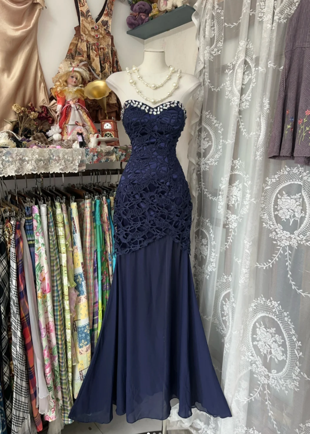 Charming Navy Blue Strapless Lace Beaded Mermaid Long Evening Dress Party Dress D1787