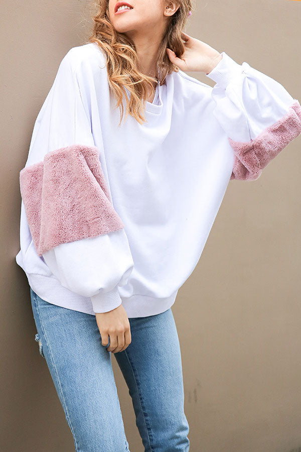 Scoop Rabbit Hair Panel Sweatshirt - Fashionpara