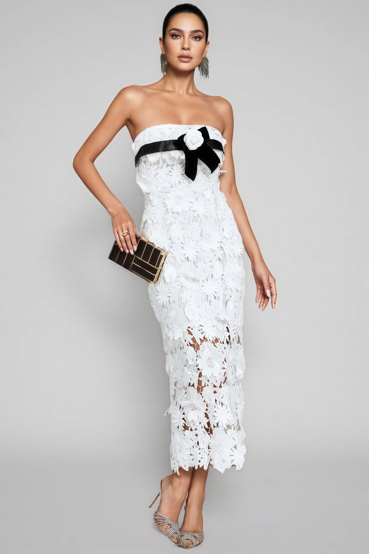 Floral Lace Strapless Sheer Bodycon Midi Dress