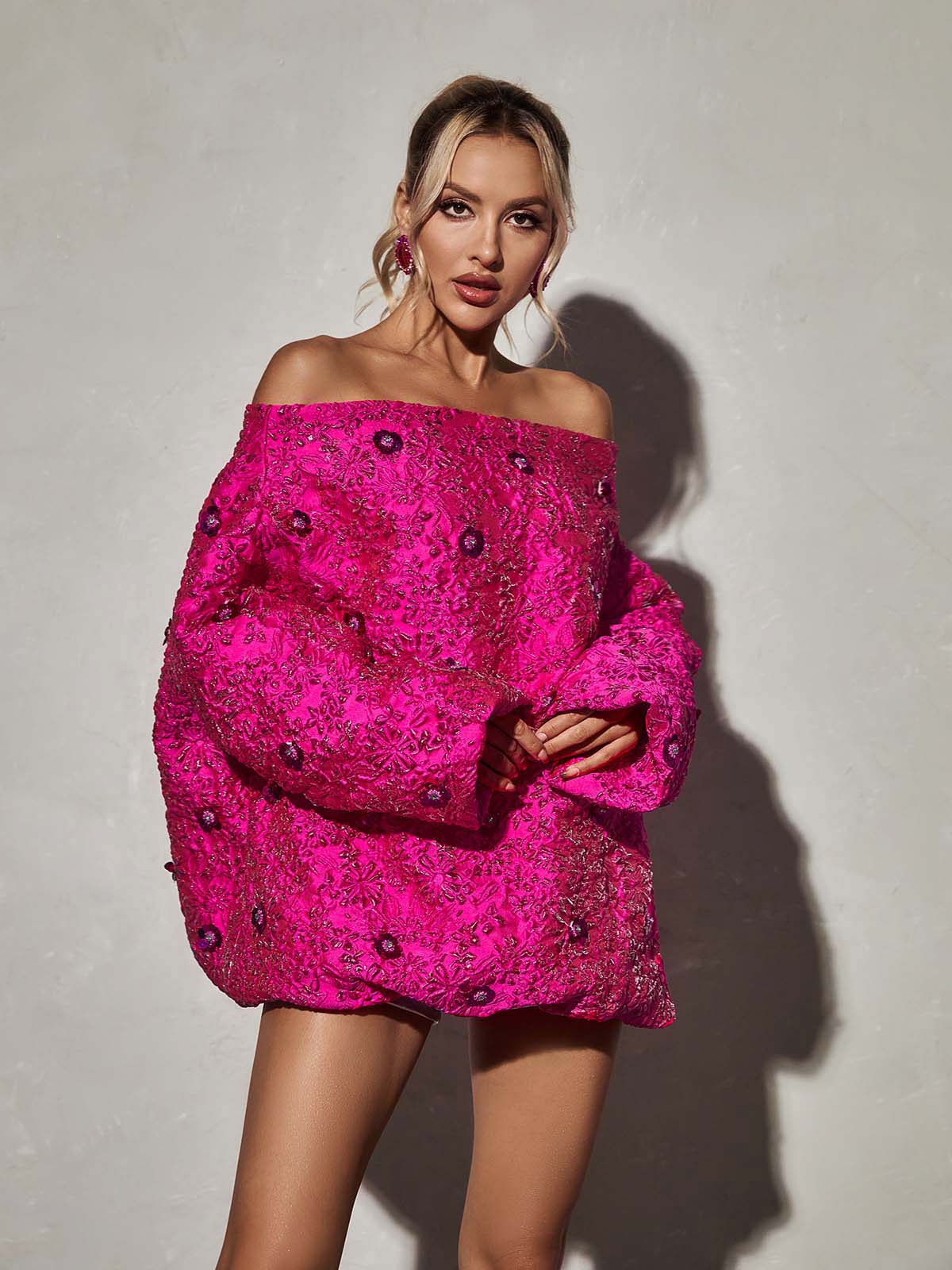 Ravina Long Sleeve Jacquard Mini Dress - View 4