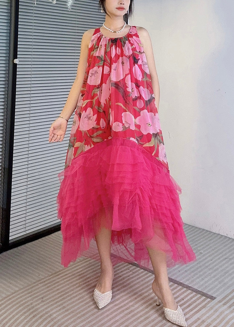 Floral Print Gathered Round Neck Tiered Ruffle Tulle Dress - View 2