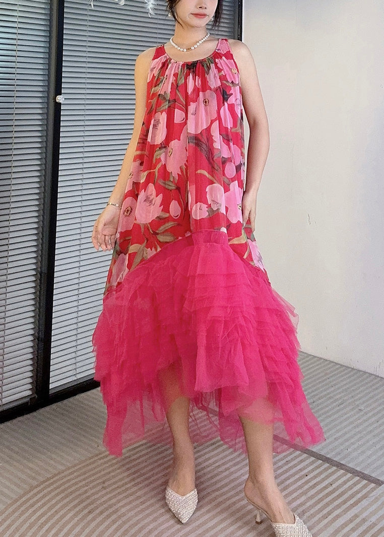 Floral Print Gathered Round Neck Tiered Ruffle Tulle Dress - View 3