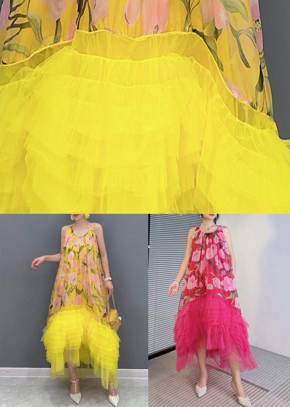 Floral Print Gathered Round Neck Tiered Ruffle Tulle Dress - View 5