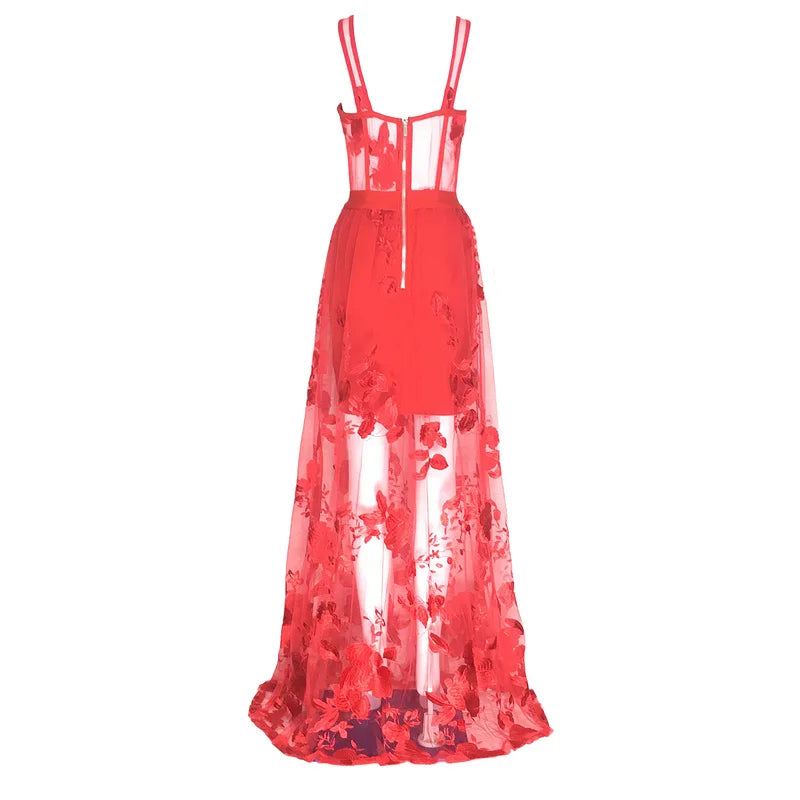 Red Lace Backless Christmas Party Dress - Fashionpara