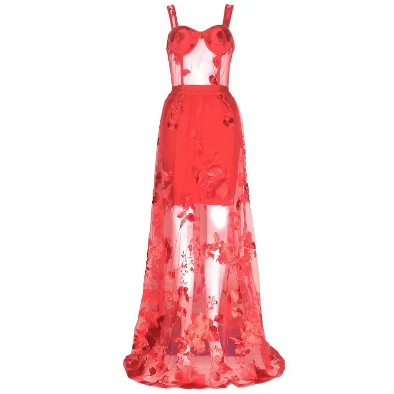 Lace Sweetheart Strappy Sheer A-Line Maxi Dress