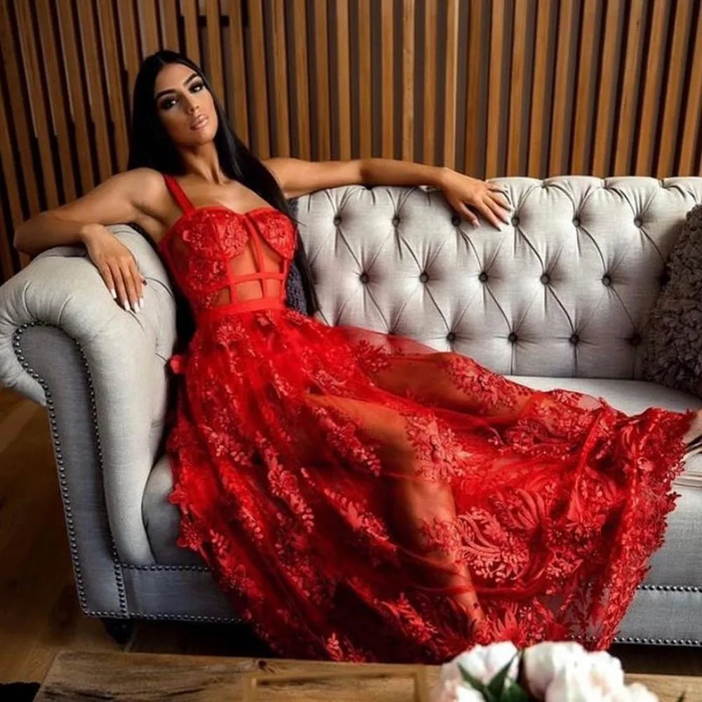 Lace Sweetheart Strappy Sheer A-Line Maxi Dress