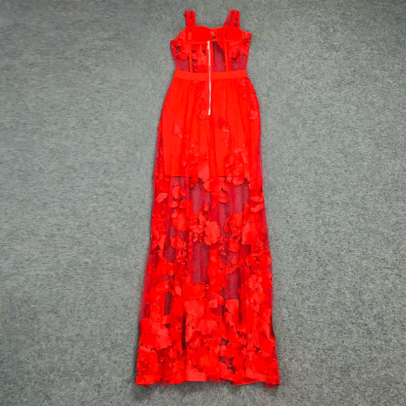 Lace Sweetheart Strappy Sheer A-Line Maxi Dress