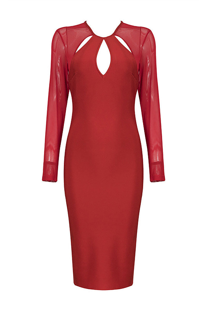Red Cut Out Bandage Dress With Long Sleeves