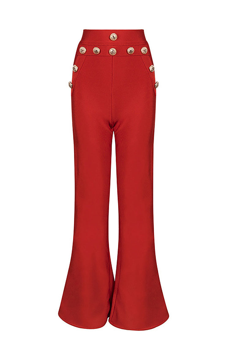 Red Empire Waist Wide Leg Women's Tight Pants - Mislish