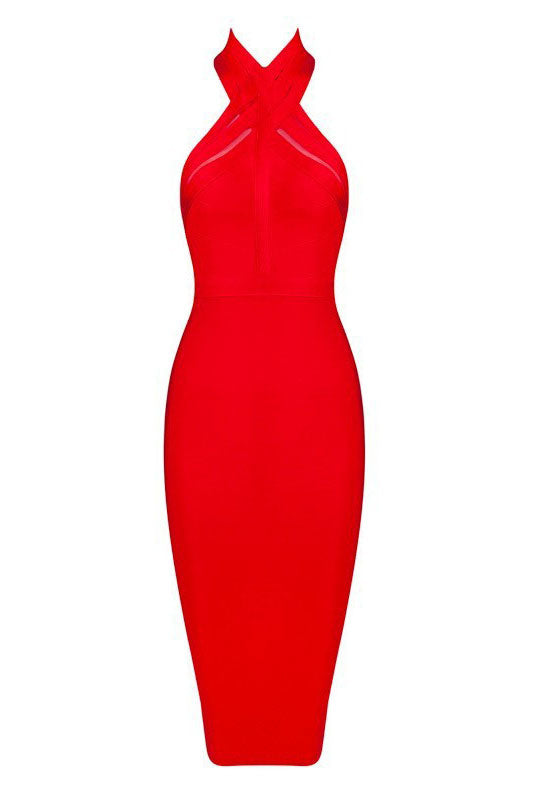 Crossover Halter Mesh Bandage Bodycon Midi Dress