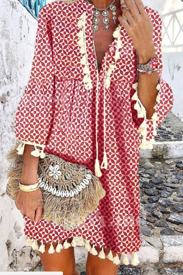 Geometric Print V-Neck Tassel Tunic Shift Dress