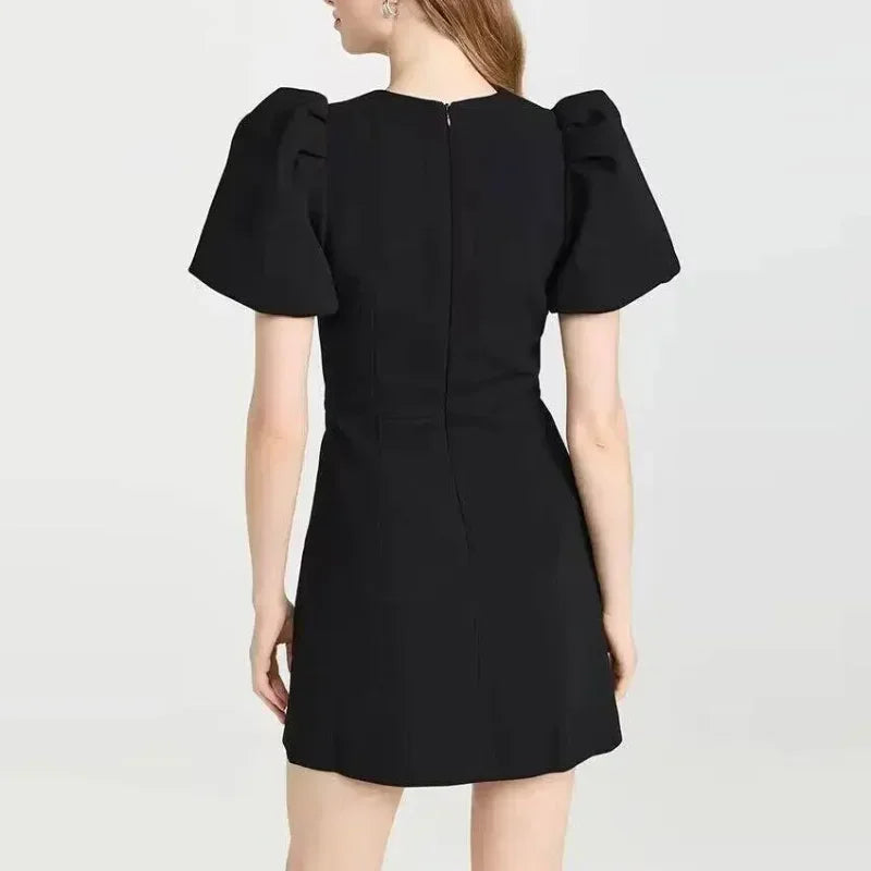 Embellished Heart Cutout Puff Sleeve A-Line Mini Dress