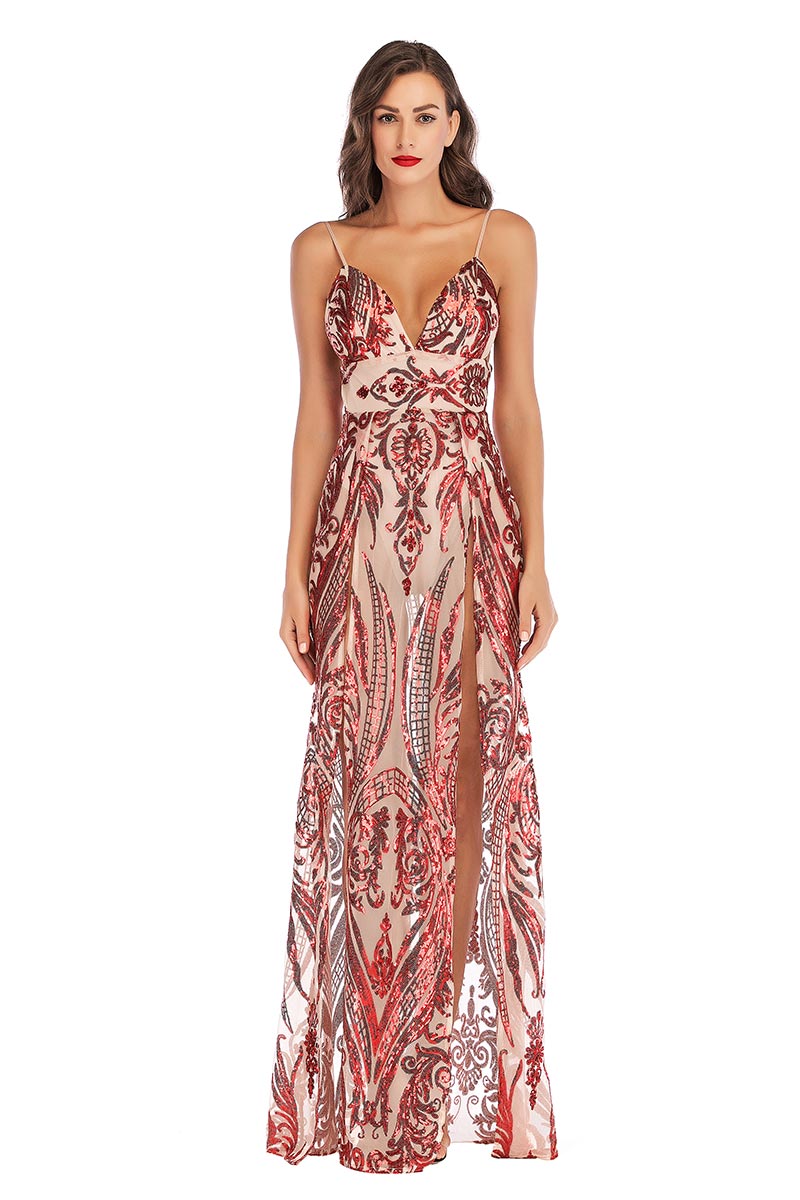 Red Sexy V Neck Sequined Thigh-high Slit Backless Prom Dress - Mislish