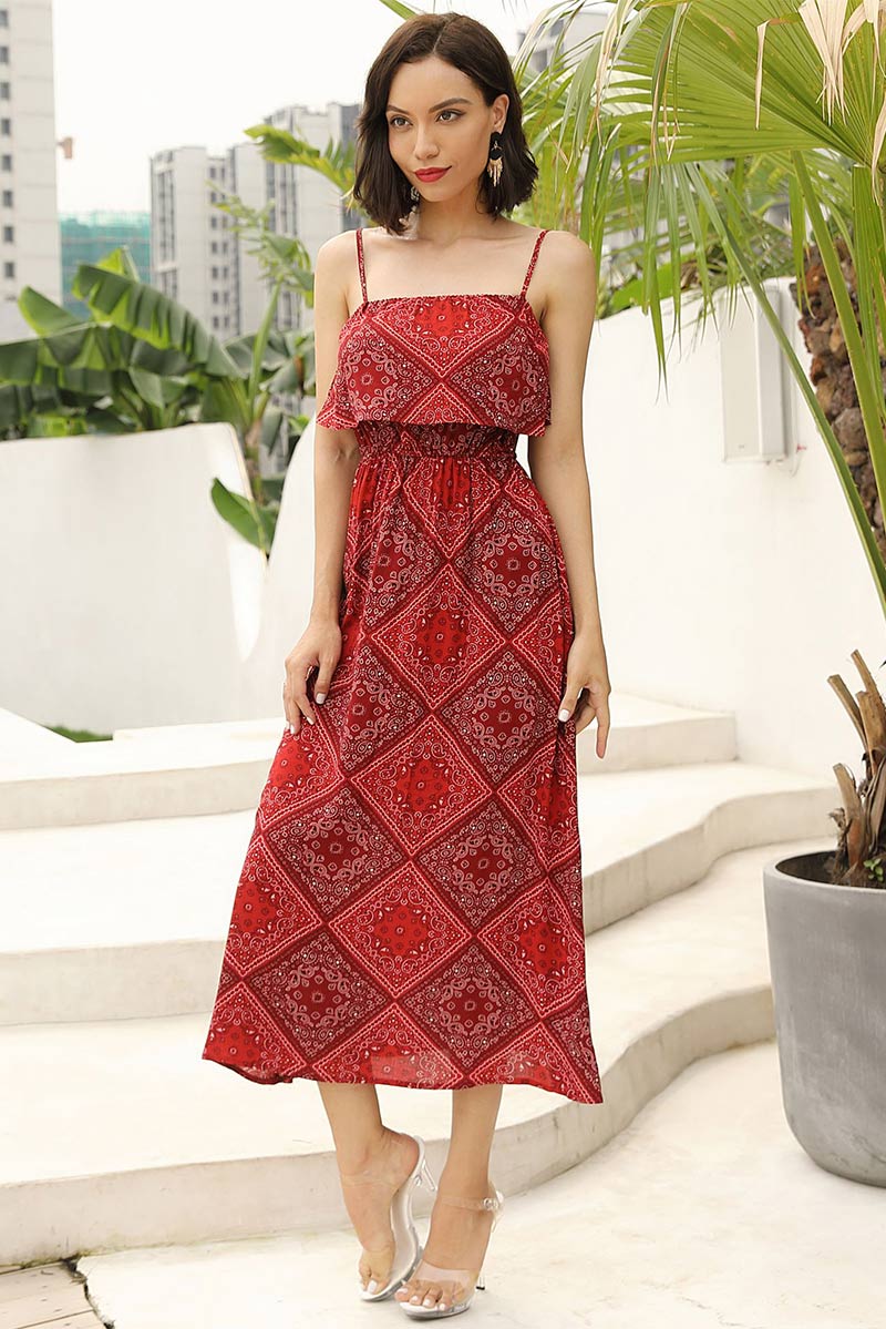 Red Square Print  Backless Long Dress With Spaghetti Straps