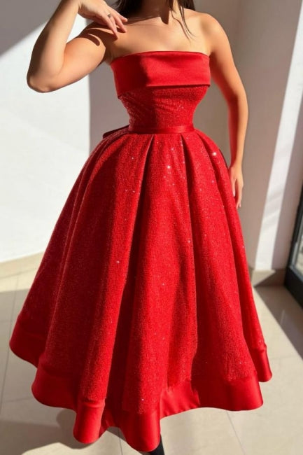 Ball gown Red Strapless Solid Satin Prom Dress - Fashionpara