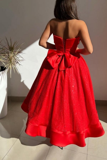 Ball gown Red Strapless Solid Satin Prom Dress - Fashionpara