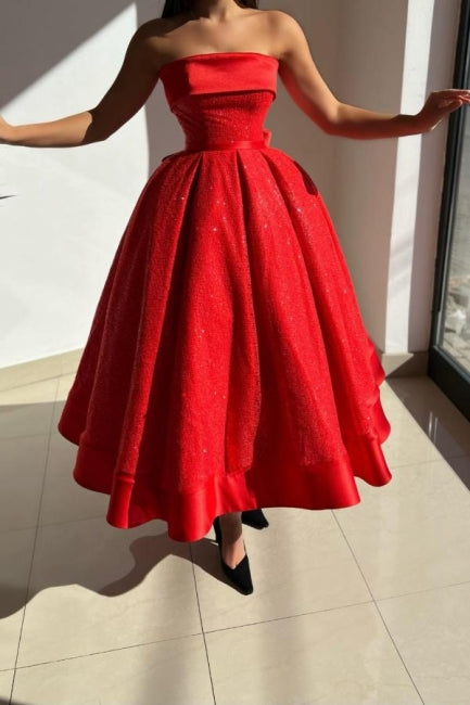 Ball gown Red Strapless Solid Satin Prom Dress - Fashionpara