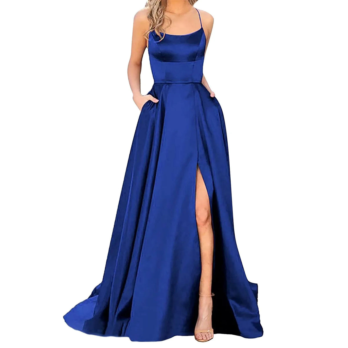 Satin Spaghetti Strap Thigh-Slit A-Line Gown 6