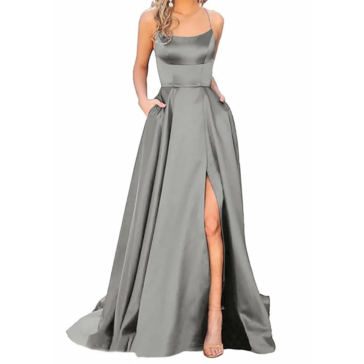 Satin Spaghetti Strap Thigh-Slit A-Line Gown 11